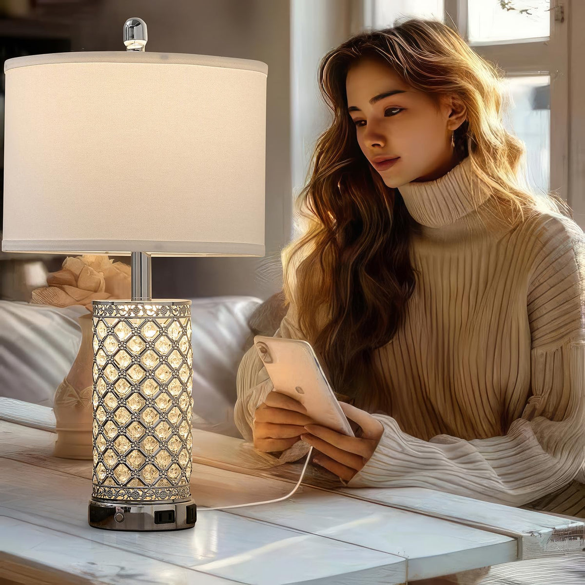 LinkMejor Crystal Table Lamps Modern 3-Way Dimmable Bedside Lamp with 2 USB Ports & AC Outlets for Living Room Bedroom Nightstand Lamp Night Light