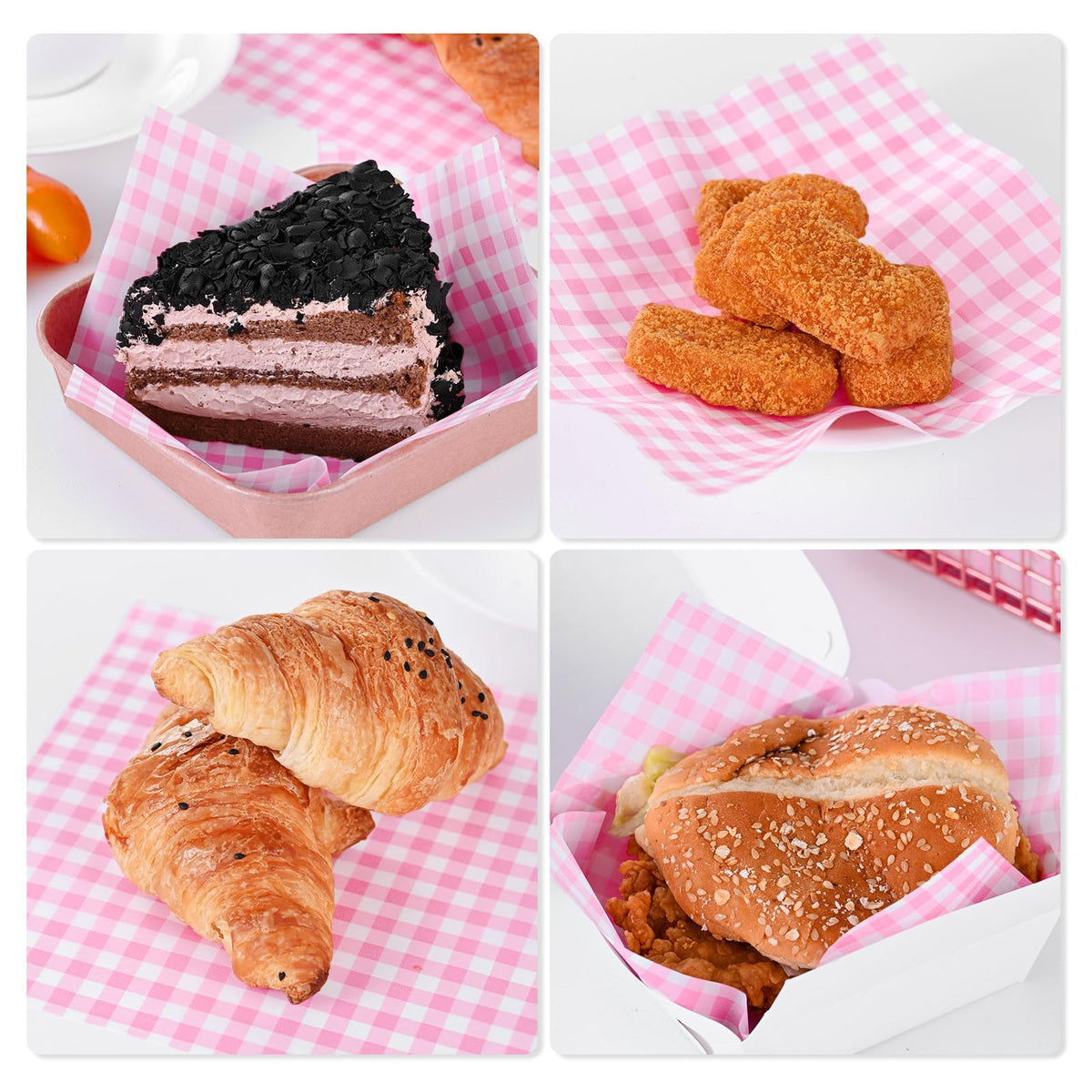LinkMejor 100 Pieces Wax Paper Sheets 7x7 Inch, Food Basket Liners Deli Wax Paper Sheets for Wrapping Bread Sandwiches Fries, Pink Checkered