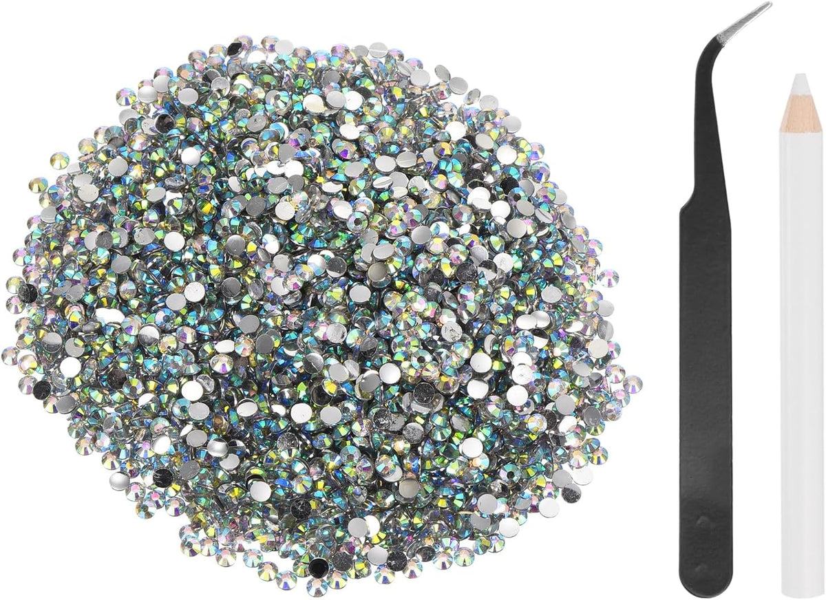 5000pcs Flatback Rhinestones Resin, SS12 3mm Resin Rhinestones Bulk Round Shine Gems with Pickup Tools for DIY Nail Art Tumblers Mugs Clothes, AB
