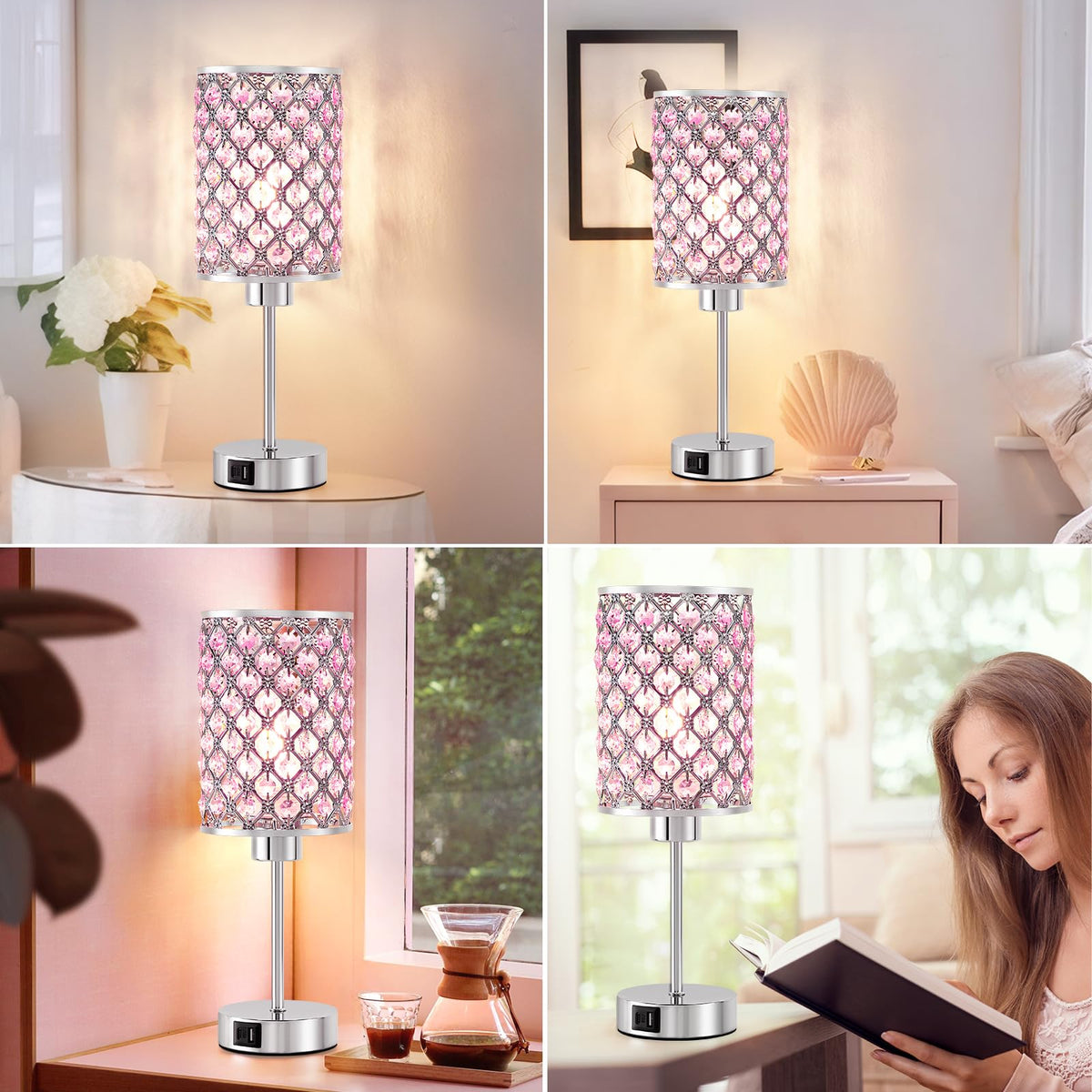 Kryształowa lampa stołowa, różowa lampa dotykowa z portem USB C+A, regulacja mocy 3-stopniowa