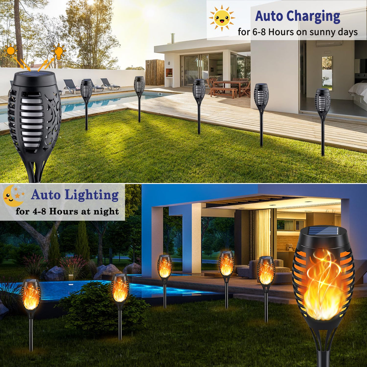 LinkMejor 12Pack Solar Torch Light with Flickering Flame for Halloween Decor