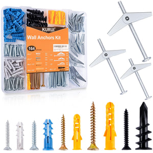 LinkMejor Drywall Anchors Assortment Kit With Self Drilling Wall Anchors and Heavy Duty Toggle Bolts, Metal/Plastic Dry Wall Anchors for Hanging Picture Art, 164Pcs Butterfly Anchor and Screws for