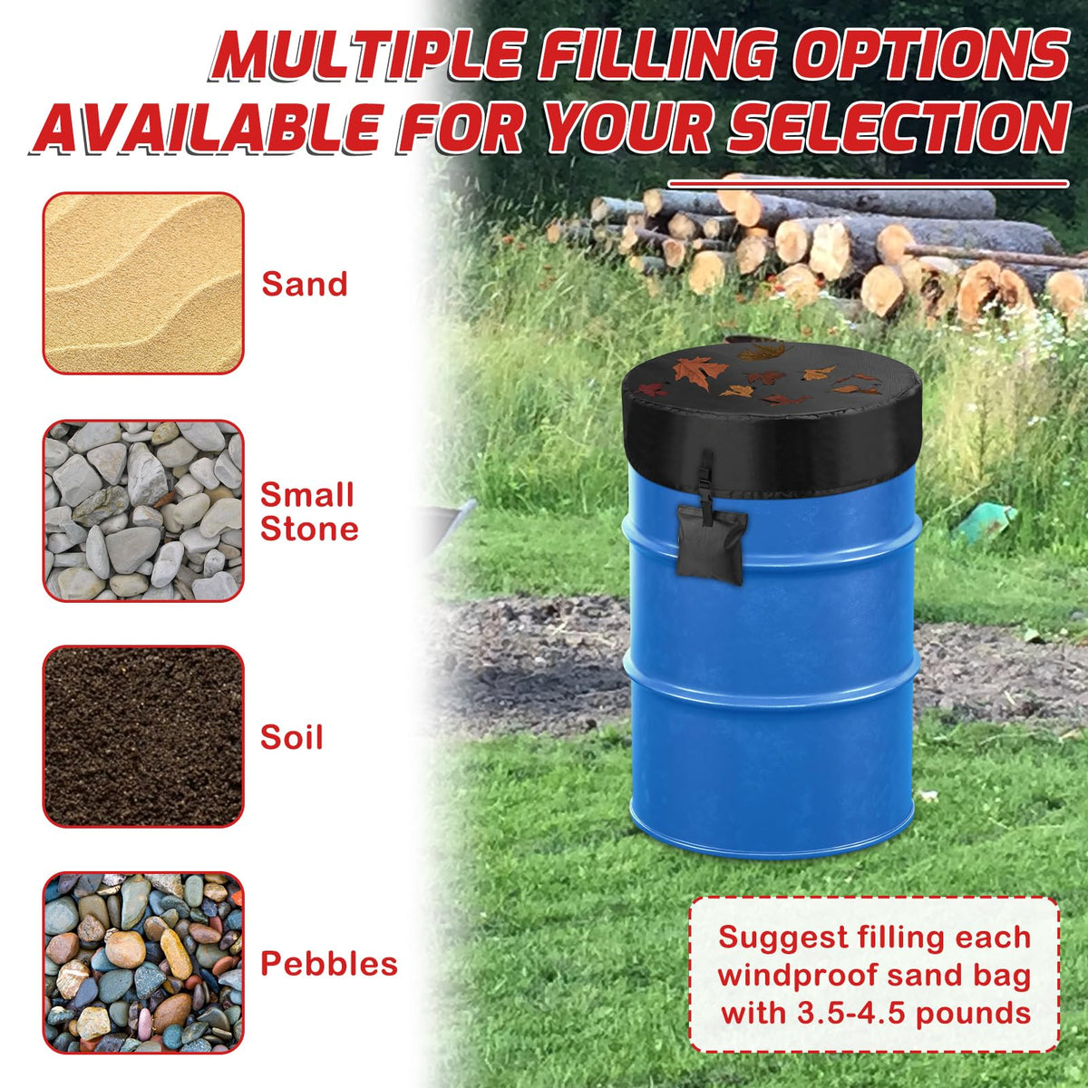 2-PCS 55 Gallon Drum Covers mit 4 winddichten Gewichten Sandbeuteln(Kein Sand)