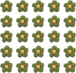 50pcs Flower Sew on Patches, Crochet Floral Petals Handmade Crochet Flowers Appliques Embellishments for DIY Hair Clothes Wedding Craft, Green and Yellow