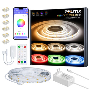 LinkMejor COB LED Strip Lights, 20ft RGB+CCT 2700K-6500K Hvid LED Lys, Dimbar Farveændrende RGB LED Strip Light, med Fjernbetjening/APP Kontrol, til Køkkenkabinetter, Loft, Fester DIY Belysningsprojekter