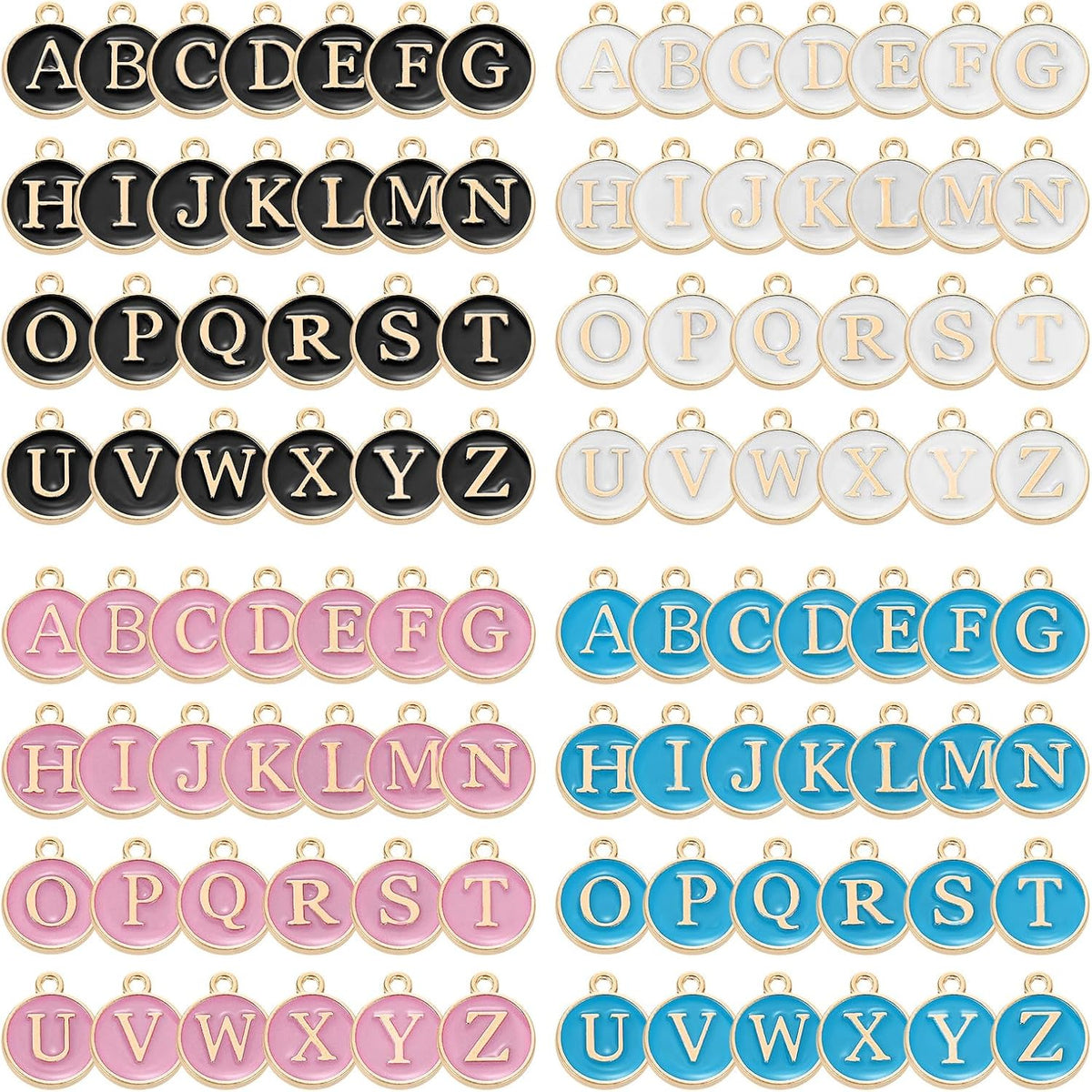 104 Pcs Letter Charm, Alloy A-Z Initial Charm Round Alphabet Pendant for Necklace Bracelet Earring Jewelry Making Diy, Black+White+Pink+Blue