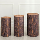 Set of 3 Wooden Texture Cylinder Spandex Stand Covers, Plinth Stand Cover for Party Wedding Birthday Decoration, Only Contains Cylinder Covers (Elastic Fabric - Small)