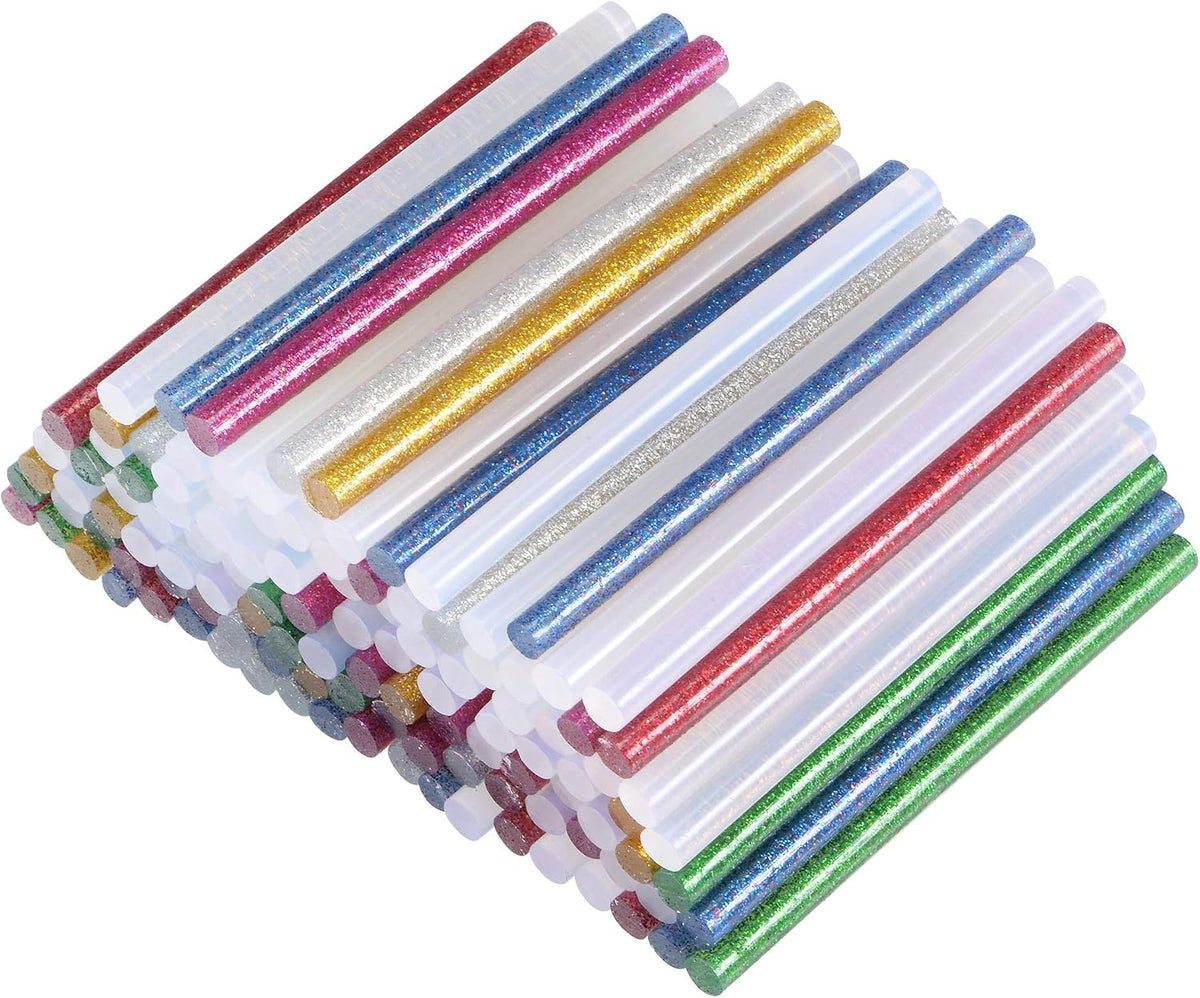 LinkMejor 120pcs Clear Mini Hot Glue Gun Sticks 4-inch x 0.27-inch for Glue Guns, Glitter Red/Silver/Green/Golden/Blue/Rose Red, 7 Colors