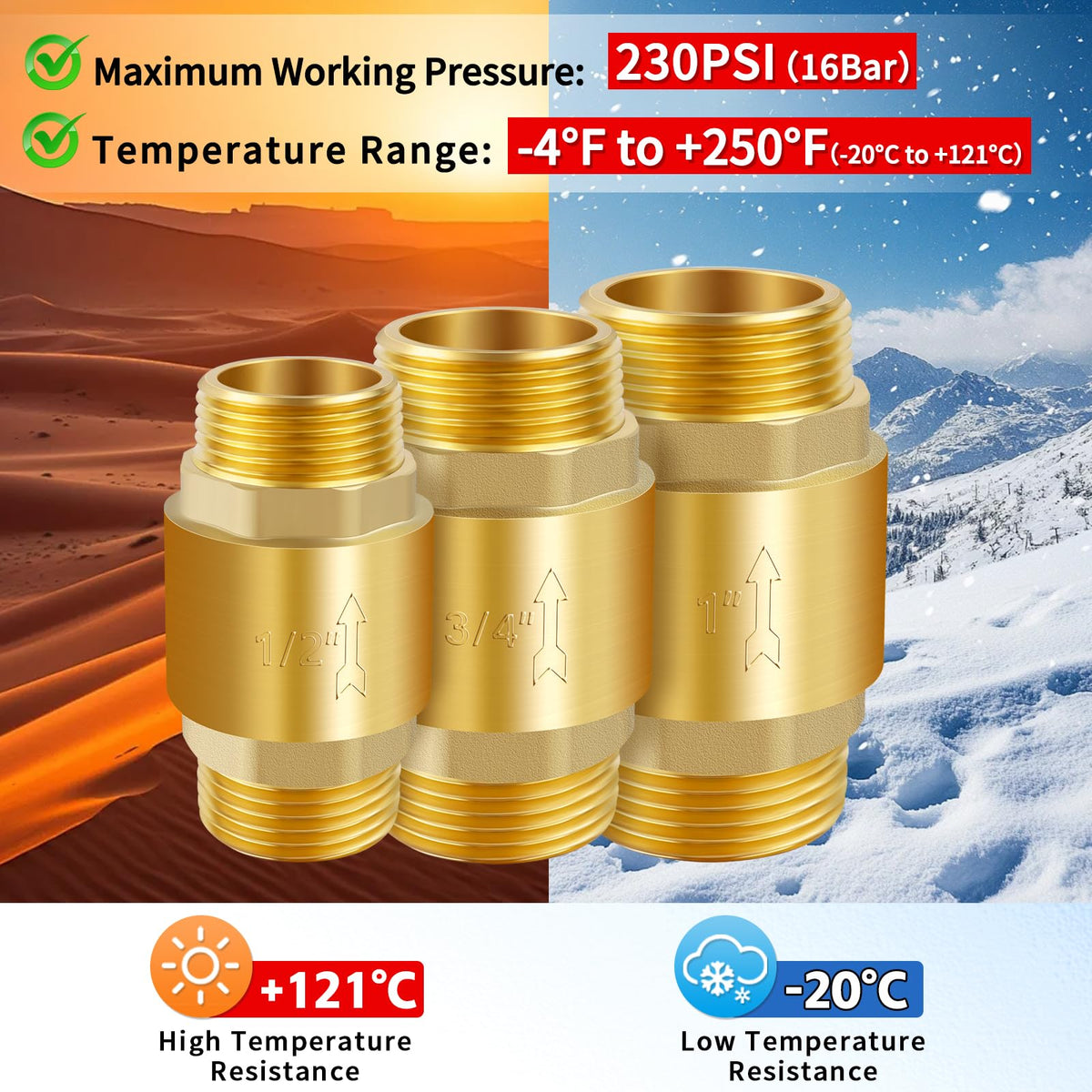 Solid Brass Spring Check Valve 3/4" NPT Male, Inline One Way Valve