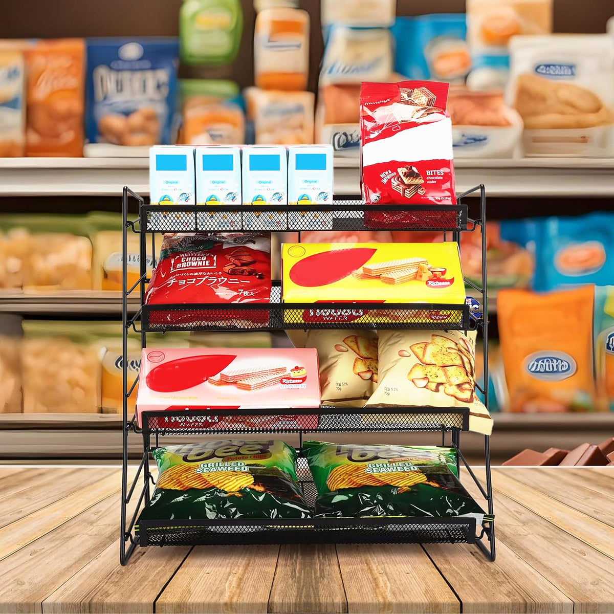 LinkMejor 4-trinnet slikudstillingsskab, mesh snackskab til køkkenbord, køkken og butikker