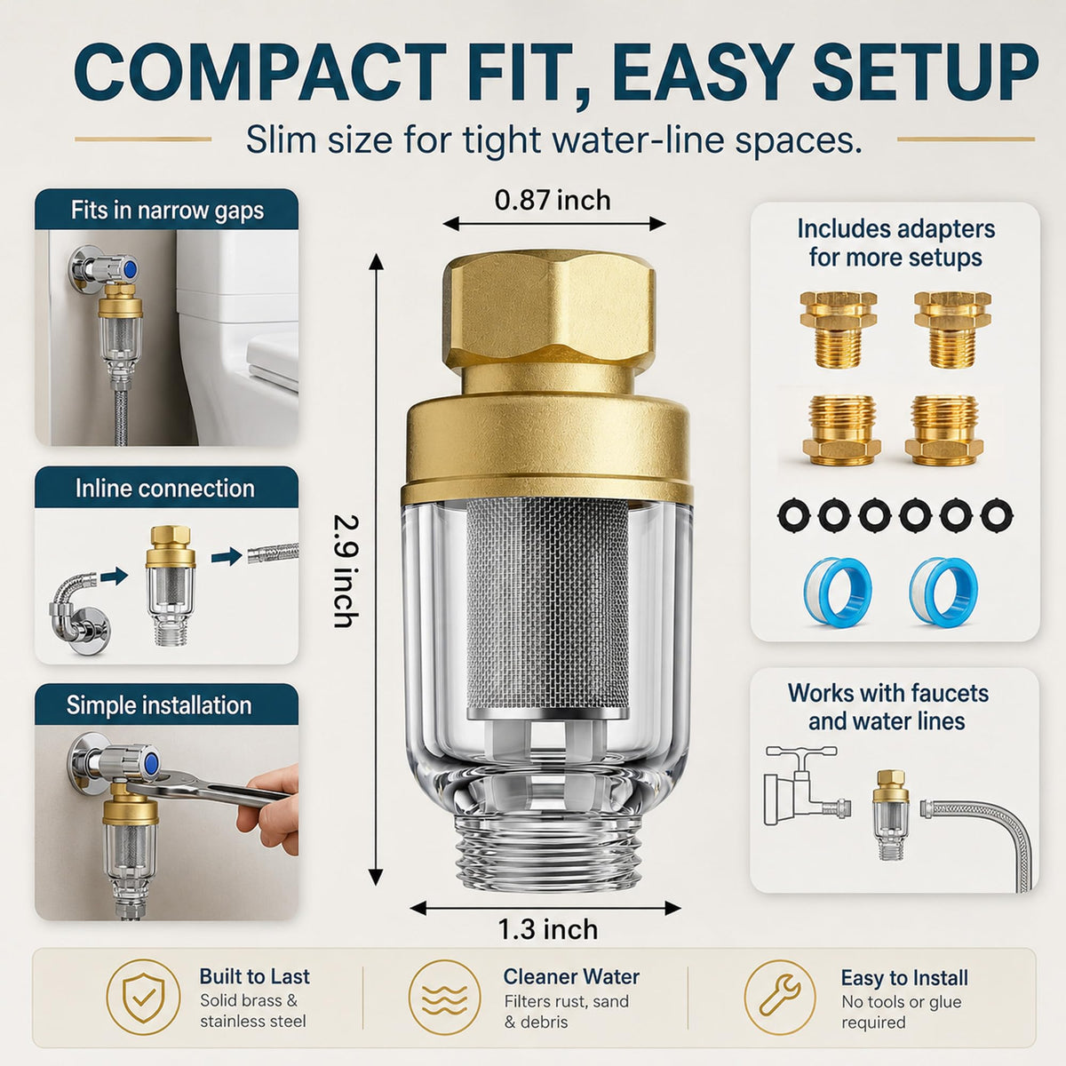 Washing Machine Inline Water Filter, Brass Sediment Filter 2 Pack