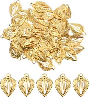 100Pcs Leaf Ornaments Pendant, Metal Tree Leaves Decoration Crafts for Making DIY Earring Necklace Hairpin Hair Clip Clothing Crafts (Gold, 1.3 x 0.7cm)