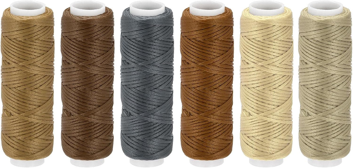 LinkMejor Waxed Leather Thread Set 13 Yards 150D/0.8mm Flat Polyester Cords for Hand Sewing,(Various Brown 6pcs)
