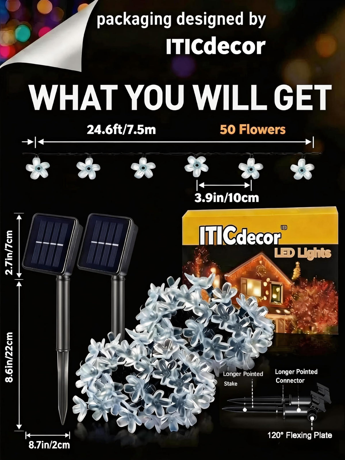 LinkMejor 2 Pack 50 LED Luzes de Flor de Corda Solar à Prova d'Água para Exterior