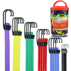LinkMejor 22 Pezzi Cavo Elastico Premium Assortimento Barattolo con Diversi Dimensioni Cavo: 10", 18", 24", 30", 36", 48" per Uso di Campeggio, Multifunzionale, Impermeabile, Protezione UV, Organizzazione, Sicurezza.