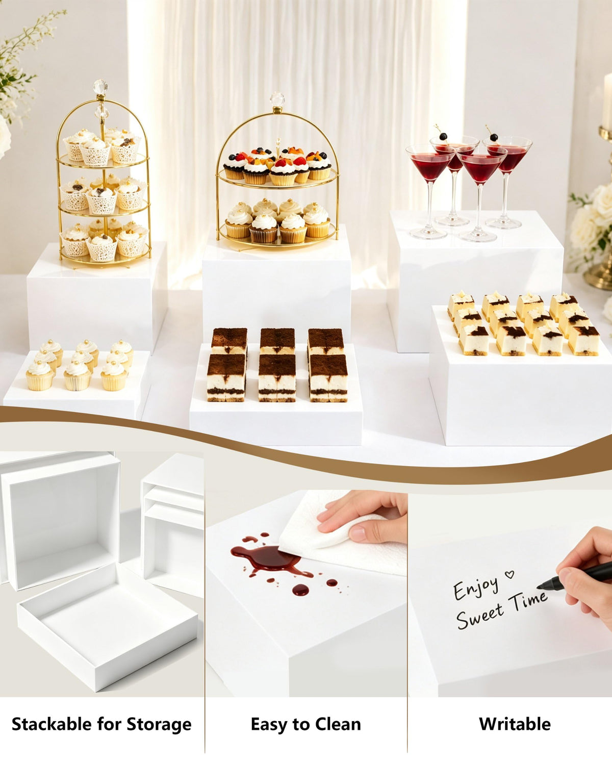LinkMejor Rialzi Buffet, 3 Pz Stand Quadrati in Acrilico Bianco per Party e Eventi