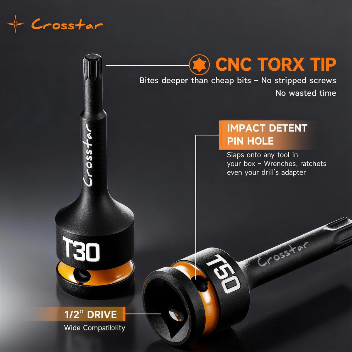 LinkMejor 3Pcs T40 Impact Torx Bit Sockets,Long Star Sockets,1/2" Drive