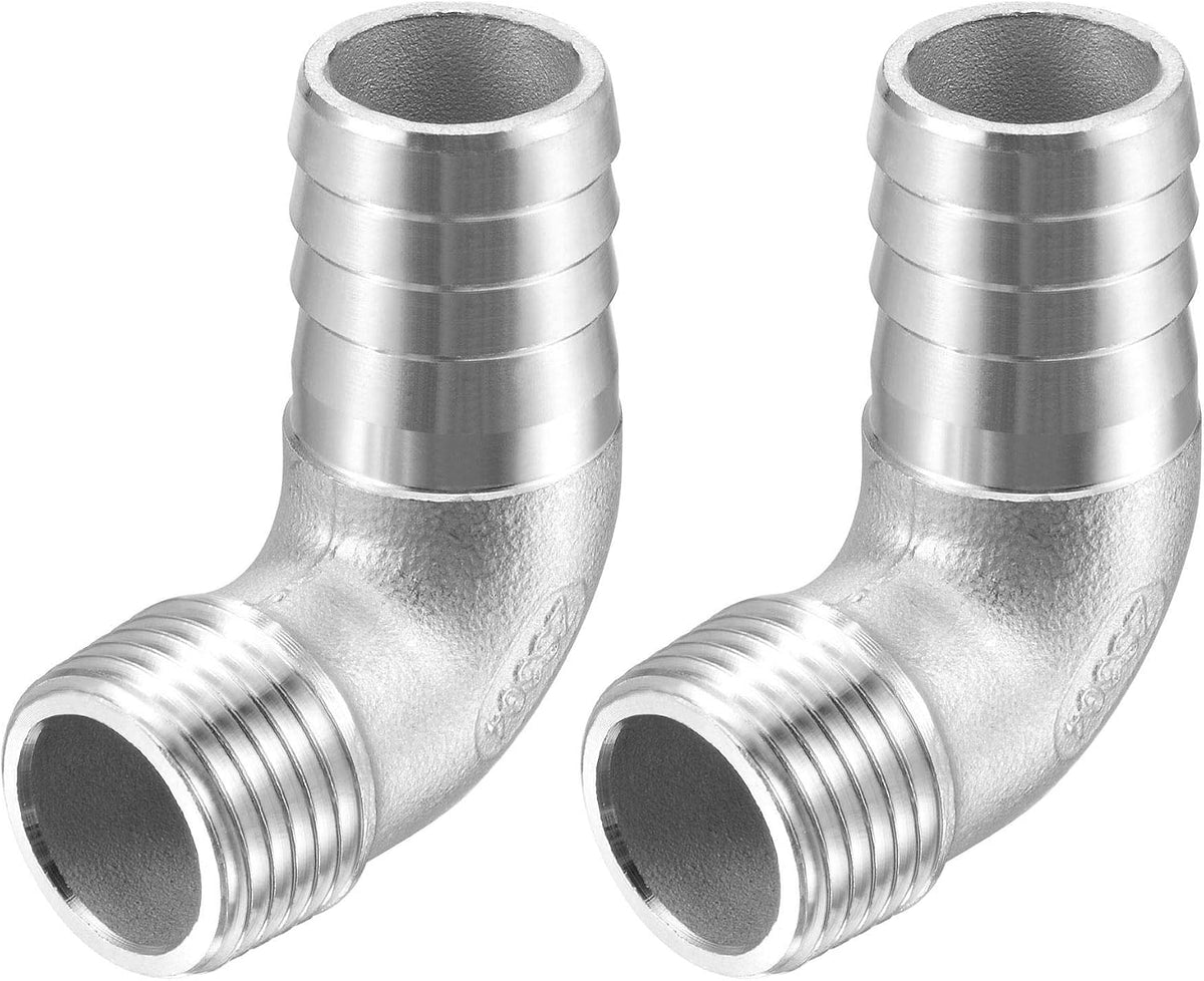 304 Stainless Steel Hose Barb Fitting Elbow, 20mm Barbed x G1/2 Male Pipe Connector Adapter for Water Fuel Air, Pack of 2