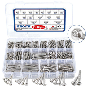 600 stk 304 rustfritt stål treboltsassortimentspakke, Assortert arkstål skruer #4/#6/#8/#10/#12 Phillips platehode selvskjærende skruer sett, Assortert trebolter, Lengde 3/8" til 1-1/2" (Sølv)