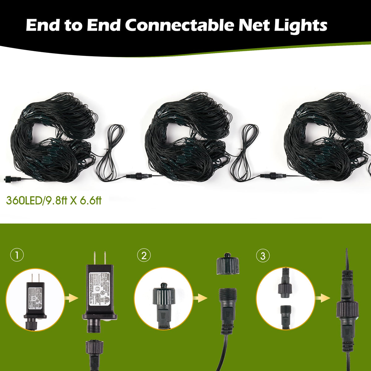 LinkMejor Outdoor Christmas Lights 360 LED 9.8ft x 6.6ft Christmas Net Lights with 8 Modes, UL Certified, Timer, Connectable, Waterproof for Trees, Bushes, Shrub, Yard Outdoor Xmas Decorations, Green