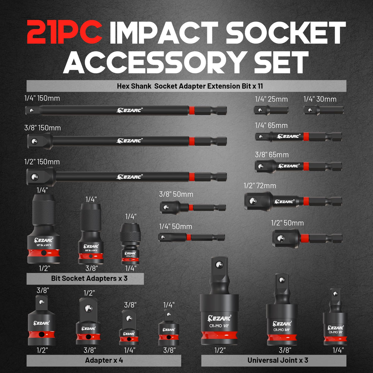 LinkMejor 21PCS Impact Socket Adapter Set med Drehforbindelser og Kupler