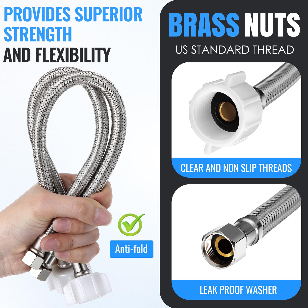 10 Pack 16 Inch Toilet Water Supply Connector Line Braided Stainless Steel, 3/8 Female Compression x 7/8 Female Ballcock Thread, Includes 10Pcs 3/8 to 1/2 Water Line Adapter and 4 Pcs Plumber's Tape
