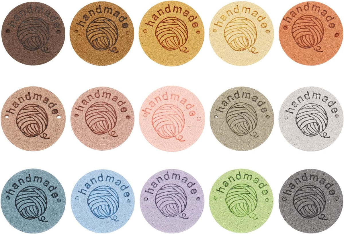 45Pcs Handmade Leather Label, 25x25mm PU Leather Sewing Embossed Tag Embellishment Knit Crochet Tags for Clothing Purses Scarves DIY, 15Colors