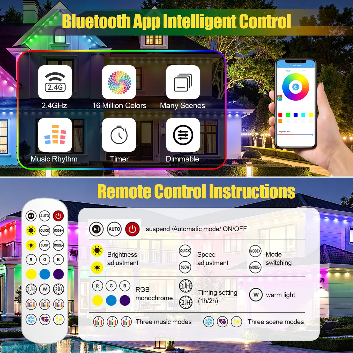 Luzes Exteriores Permanentes, 200ft RGB+IC LED Inteligente para Beirais de Casa