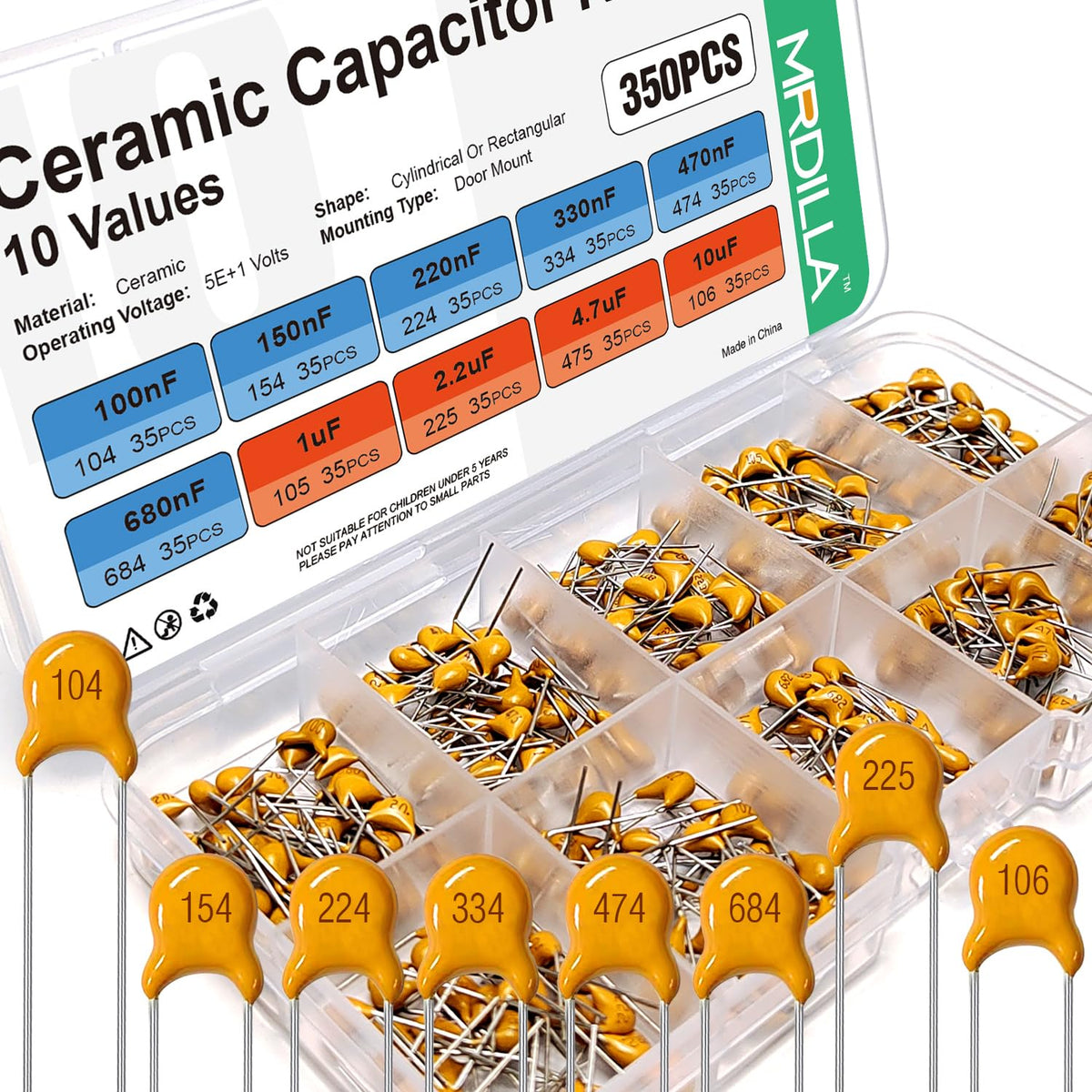 350PCS Keramisk Kondensator Kit, 10 Værdier 100nF-10uF, 50V MLCC