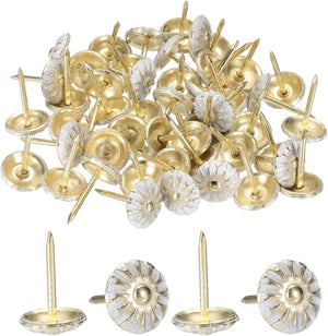 50Pcs Upholstery Tacks, 7/16" x 11/16" Vintage Flower Head Furniture Upholstery Nails Decorative Thumb Tacks Pins for Sofa Chair Bed, Gold/White
