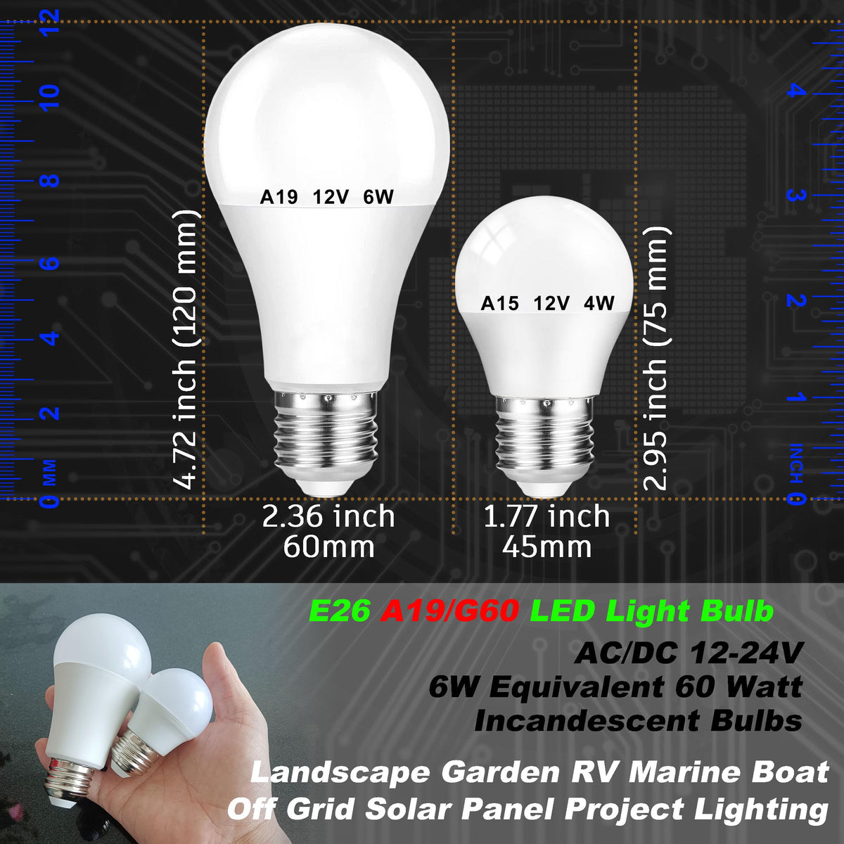 AC/DC 12V-24V Base E26 E27 A60 A19 6000K Blanc Jour 700lm 6W, 4 Pack