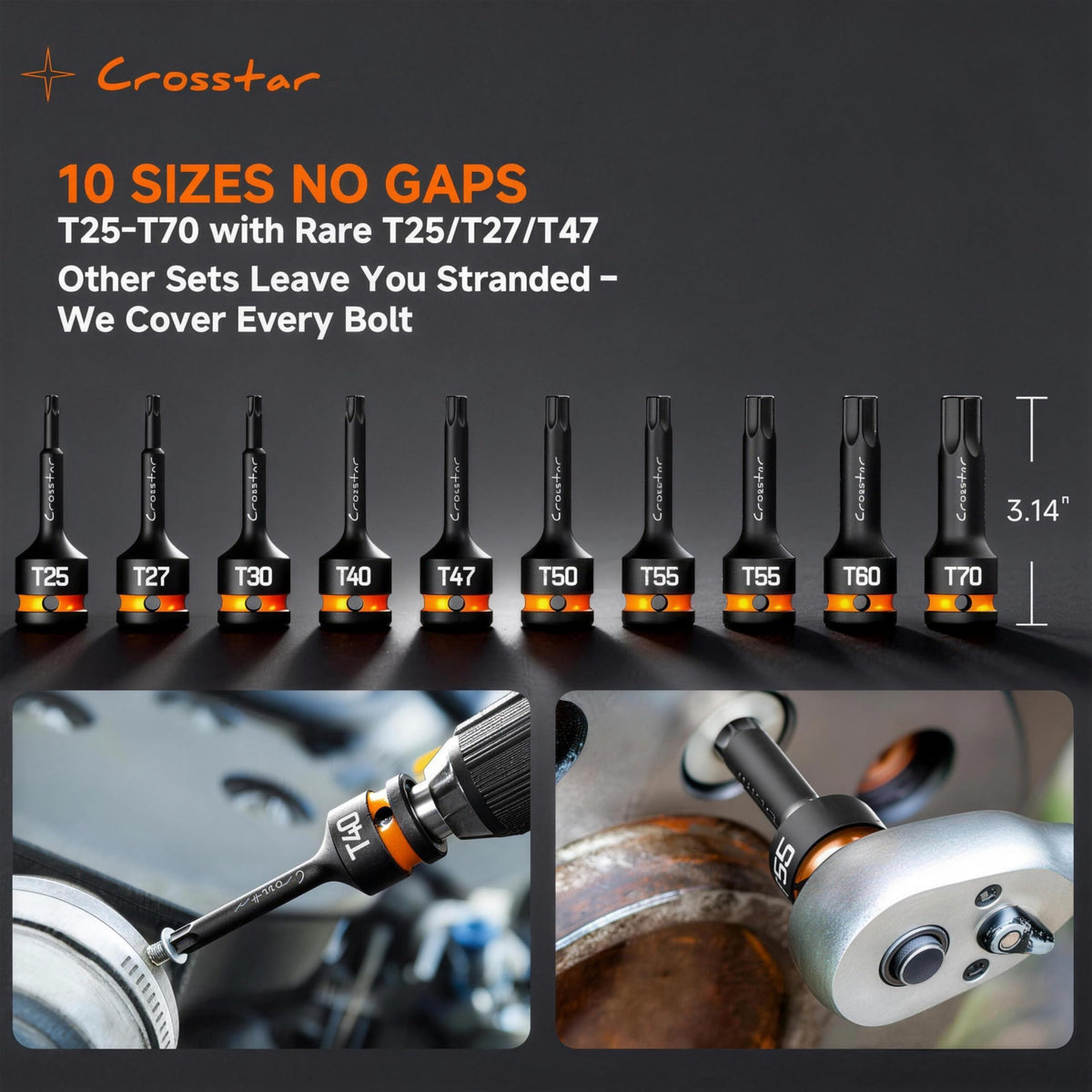 LinkMejor 3Pcs T40 Impact Torx Bit Sockets,Long Star Sockets,1/2" Drive