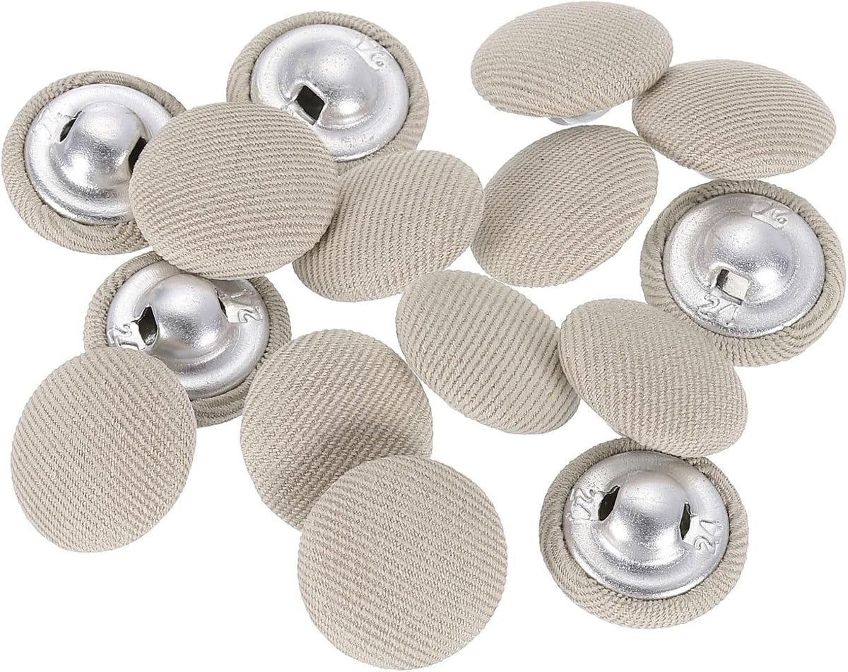 20Pcs Fabric Cloth Covered Button, 15mm 24L Metal Shank Round Sewing Buttons Fabric Covered Button for Coat Dress Sweater Hats Crafts Making, Khaki