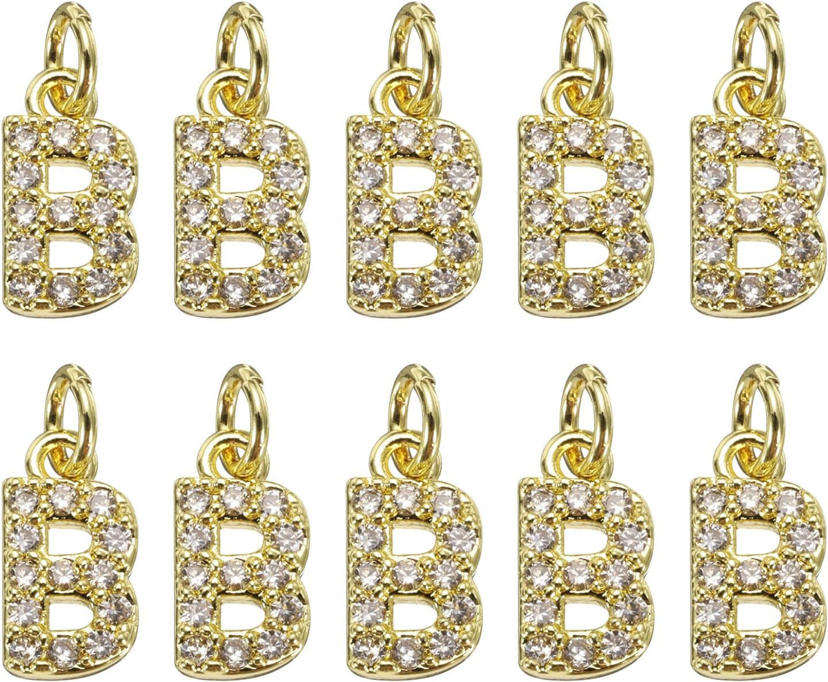 LinkMejor Rhinestone Letter Charm, 10pcs Crystal Zirconia Copper Alphabet B Pendants Slider Letter Charm for Wristbands Bracelets Necklace Jewelry Earring DIY Craft, Gold