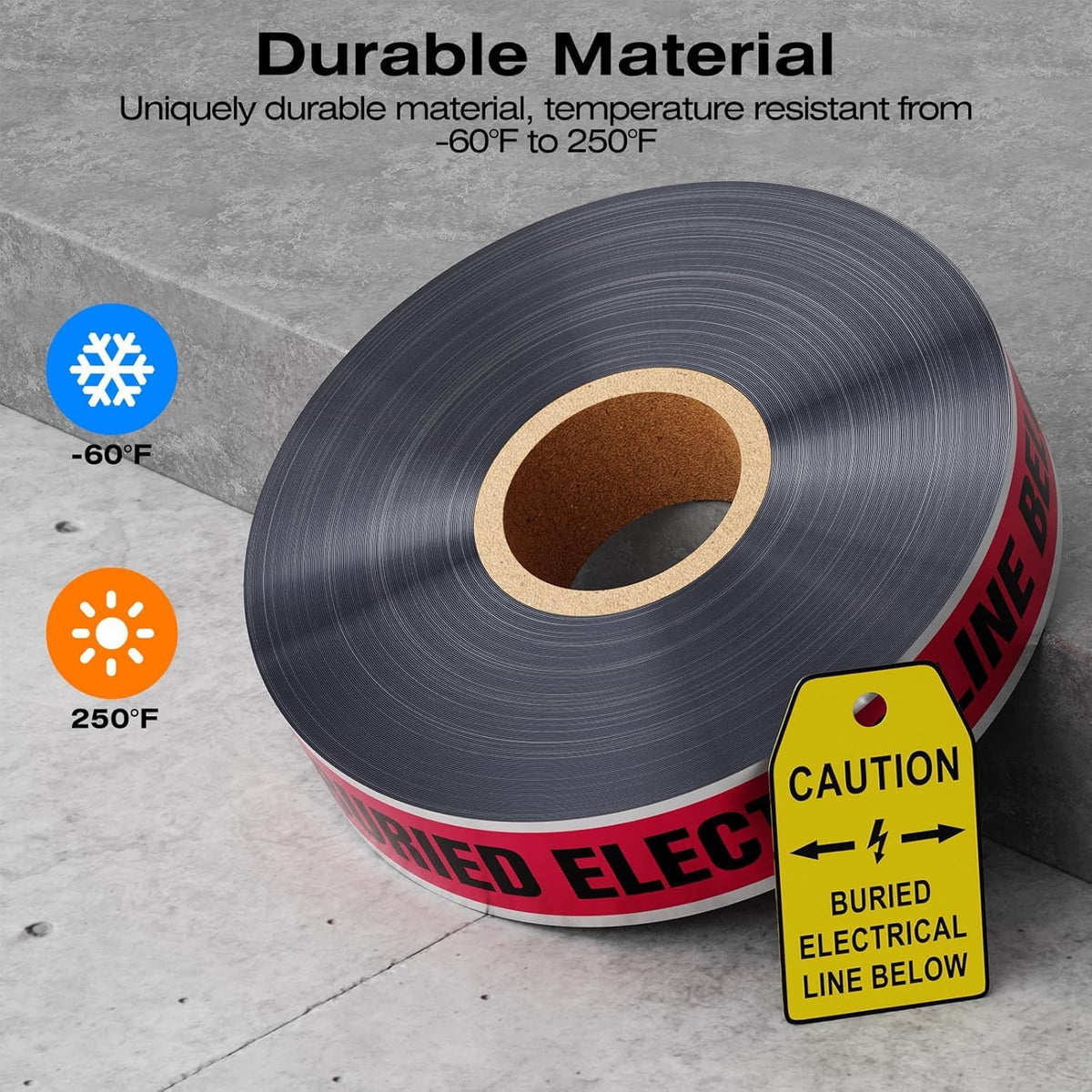 300 Feet Caution Buried Electric Line Below Red/Black Print Safety Tape with Above-Ground Caution Tag, 2 Inch x Foot 5 Mil, Detectable 2-Inch