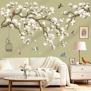 LinkMejor Arbre de Magnolia Feuille de Mur Autocollants Fleurs Blanches