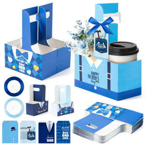 LinkMejor 2 Cup Drink Carrier Gift Bulk - 24 Blue 2 Cup Drink Carrier with Greeting Card for Best Dad Disposable Father Cups Holder Carrier with Handle and Gift Tag for Grandpa Father's Day Party