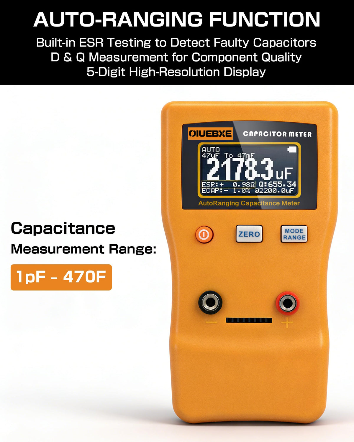 CapMaster 470F Testor Cewków, Szacunk ESR, zakres automatyczny od 0.01 pF do 470 F