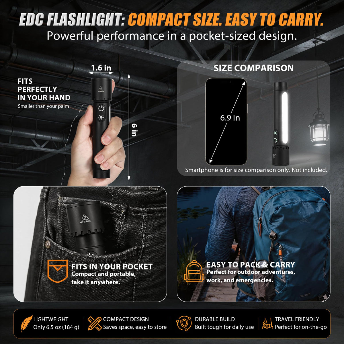 Taaslasketavas EDC lampi, LED töölamp, COB-keltainähtus, must