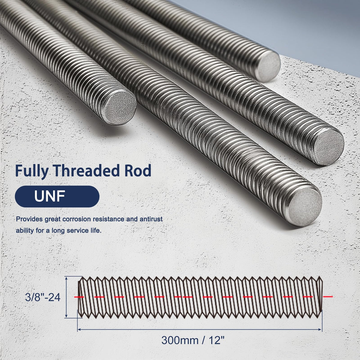 LinkMejor 3/8"-24 Fully All Threaded Rod, 12" Length, Fine Thread, with Nut