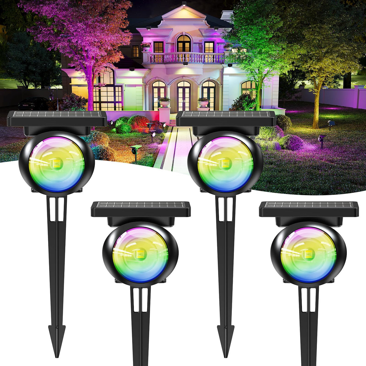Oświetlenie solarnego punktu na zewnątrz wodoodporne, RGB+3CCT Uplights drzewa 4Pack