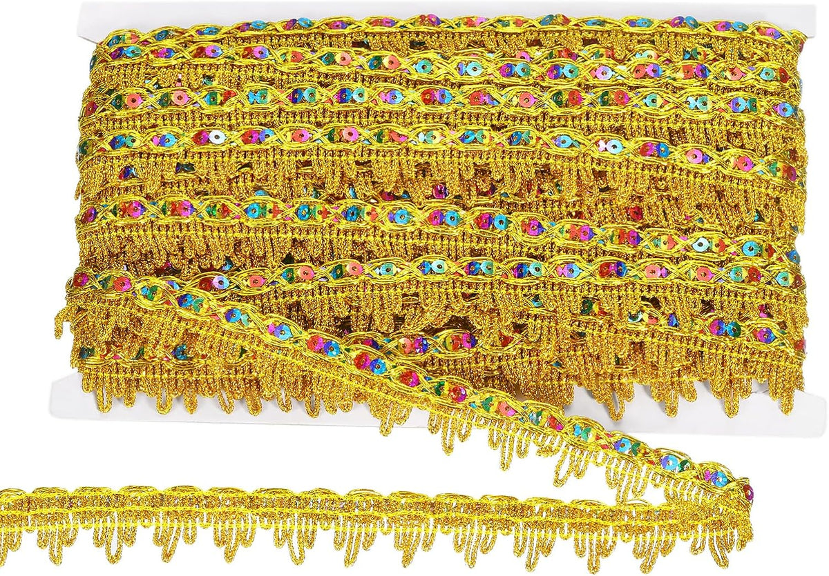 15 Yards 0.9 Inch Metallic Lace Trim Lace Ribbon Decorated Gimp Trim Braid Trim Strip Paillette Sequins Ribbon Trim for DIY Crafts Sewing, Gold