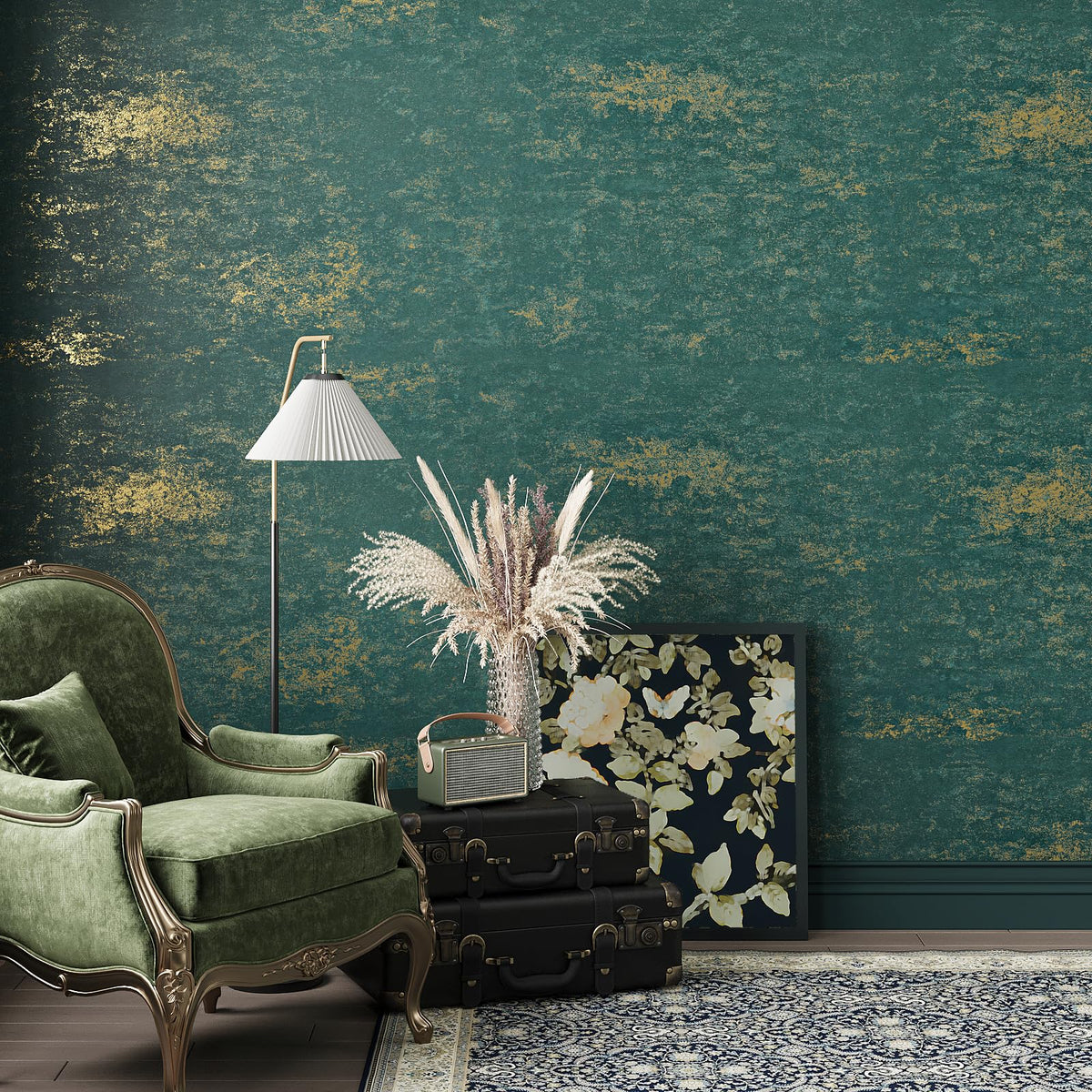 LinkMejor Distressed Teal Gold Metallic Wallpaper Peel and Stick Plaster Concrete Wallpaper for Bedroom Accent Wall 15.7''x118'' Self Adhesive Removable Teal Metallic Contact Paper for Walls Cabinets