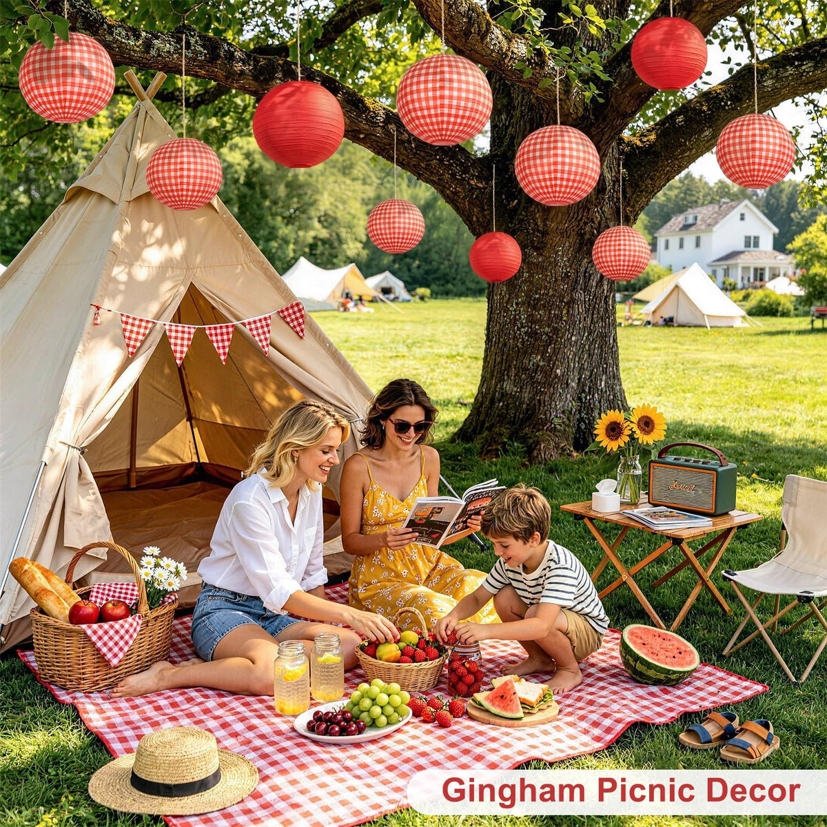 Røde Gingham Fester Dekorationer, 16-Stk Lygter til Picnic & Pizzafester