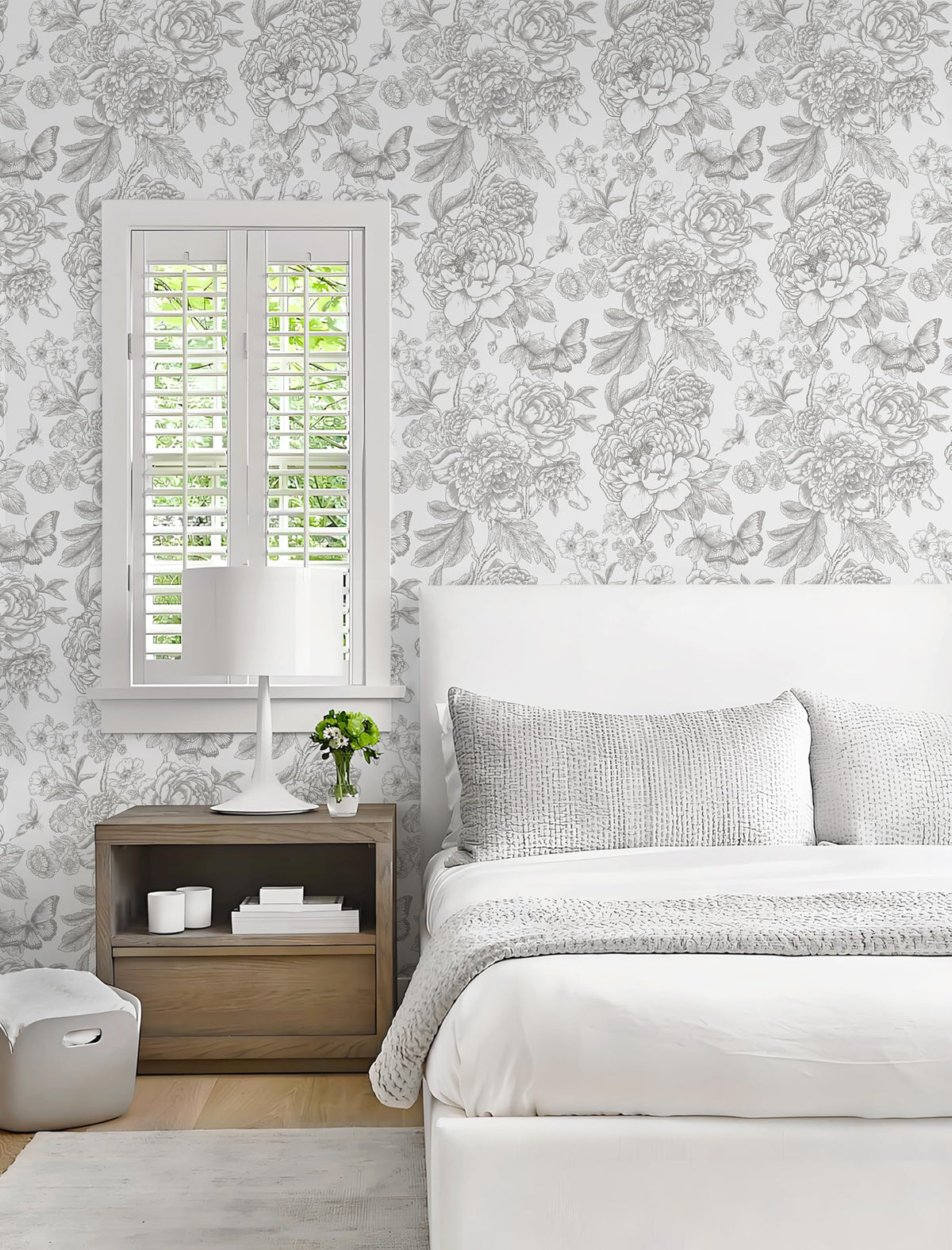 LinkMejor Floral Peel and Stick Wallpaper Grey and White Contact Paper Boho Removable Self Adhesive Wallpaper for Bedroom Bathroom 17.3''×393.7''