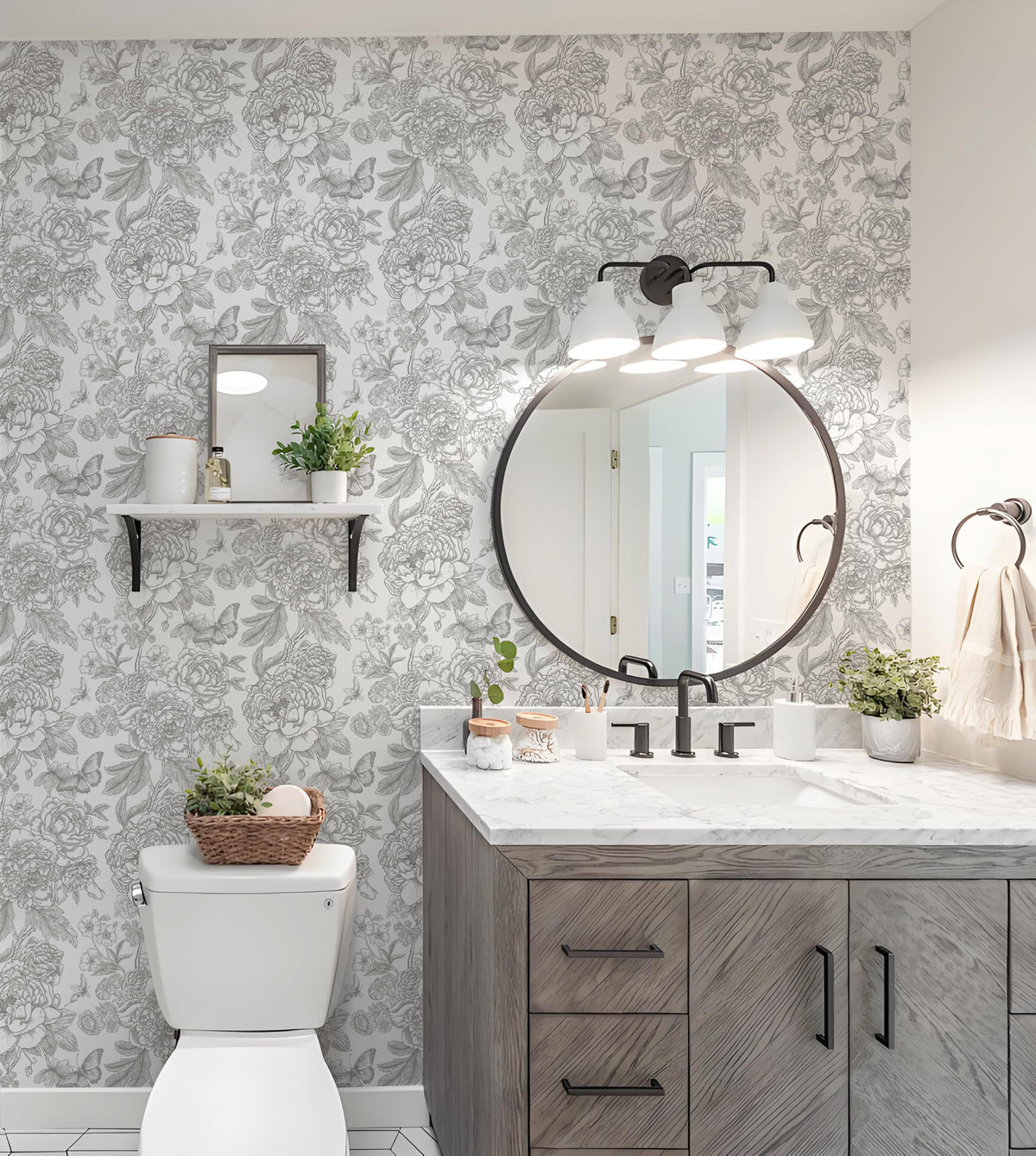 LinkMejor Floral Peel and Stick Wallpaper Grey and White Contact Paper Boho Removable Self Adhesive Wallpaper for Bedroom Bathroom 17.3''×393.7''