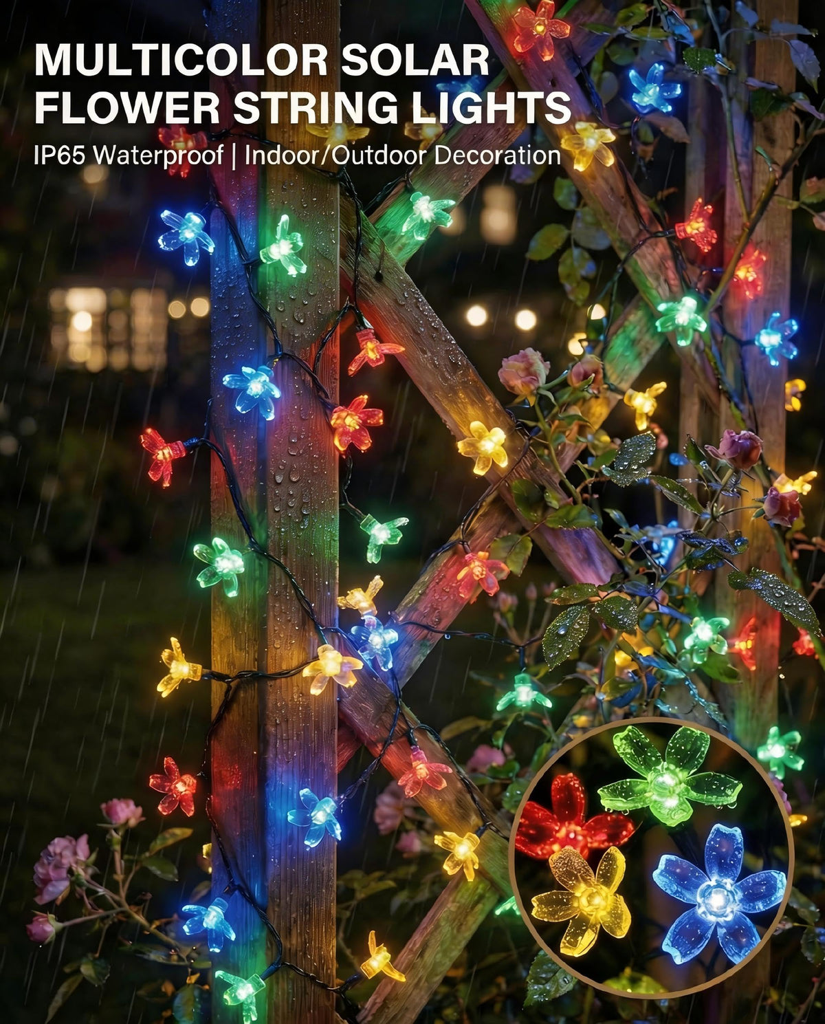 LinkMejor 2 Pack 50 LED Luzes de Flor de Corda Solar à Prova d'Água para Exterior