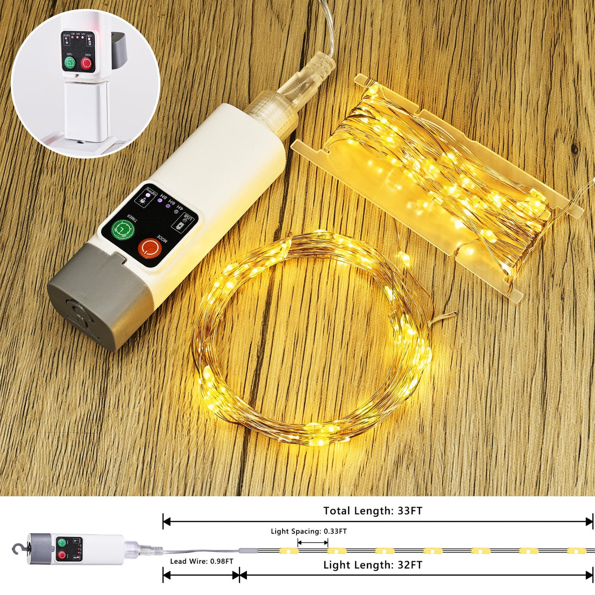 LinkMejor Luminile de Sânziană, 33FT 100LED Luminifer Recargabil, Alb Cald