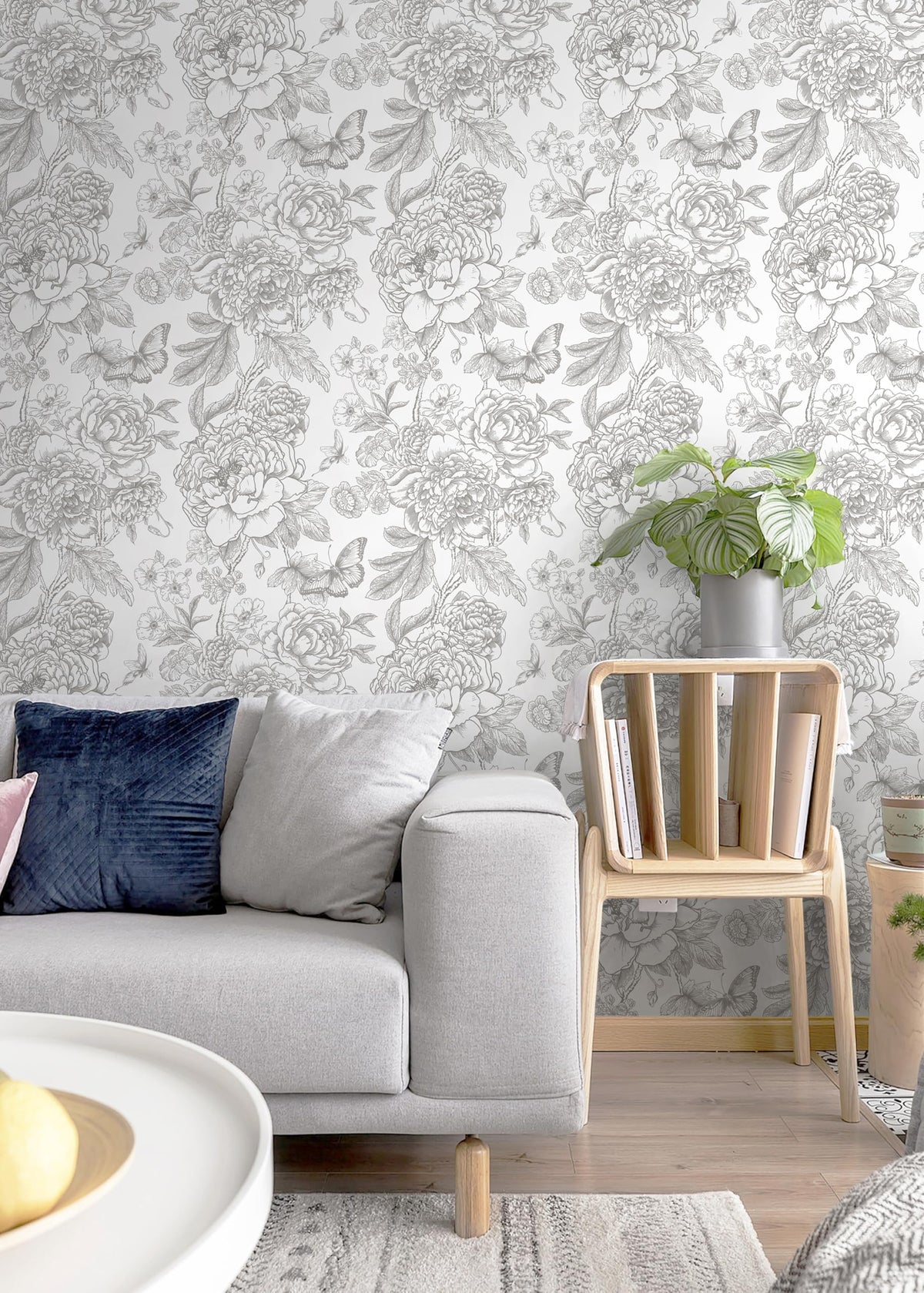 LinkMejor Floral Peel and Stick Wallpaper Grey and White Contact Paper Boho Removable Self Adhesive Wallpaper for Bedroom Bathroom 17.3''×393.7''